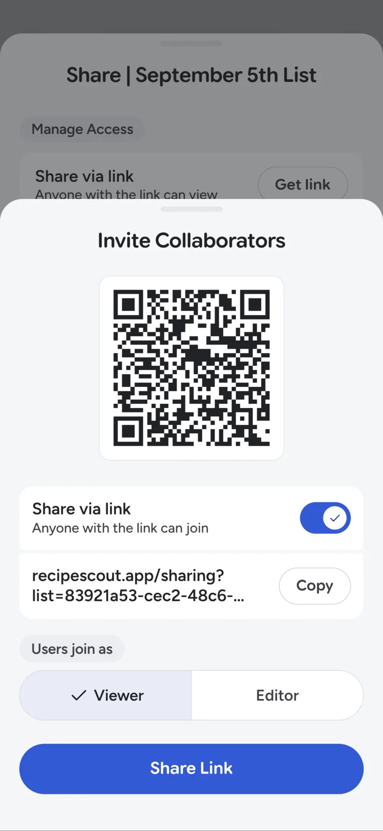 Recipe Scout collection invite with QR code