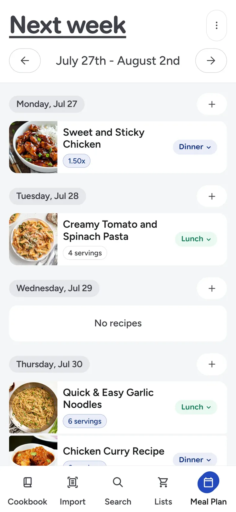 Recipe Scout meal plan screen