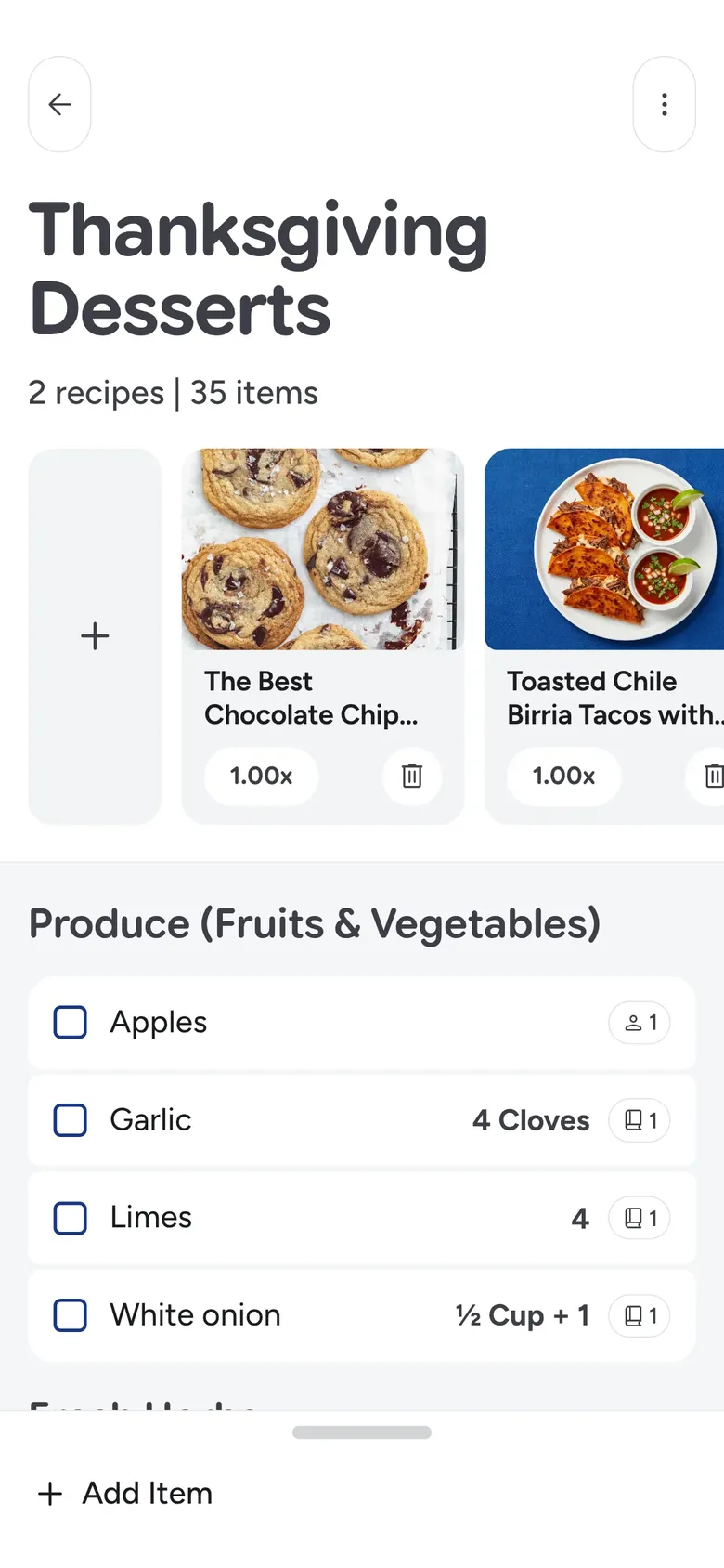 Recipe Scout shopping list screen